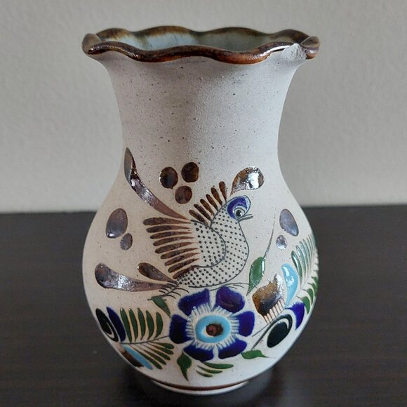 Tonala Mexican Sandstone Bud Vase Hand Painted Folk Art Pottery Signed Bird 6” - Picture 1 of 9